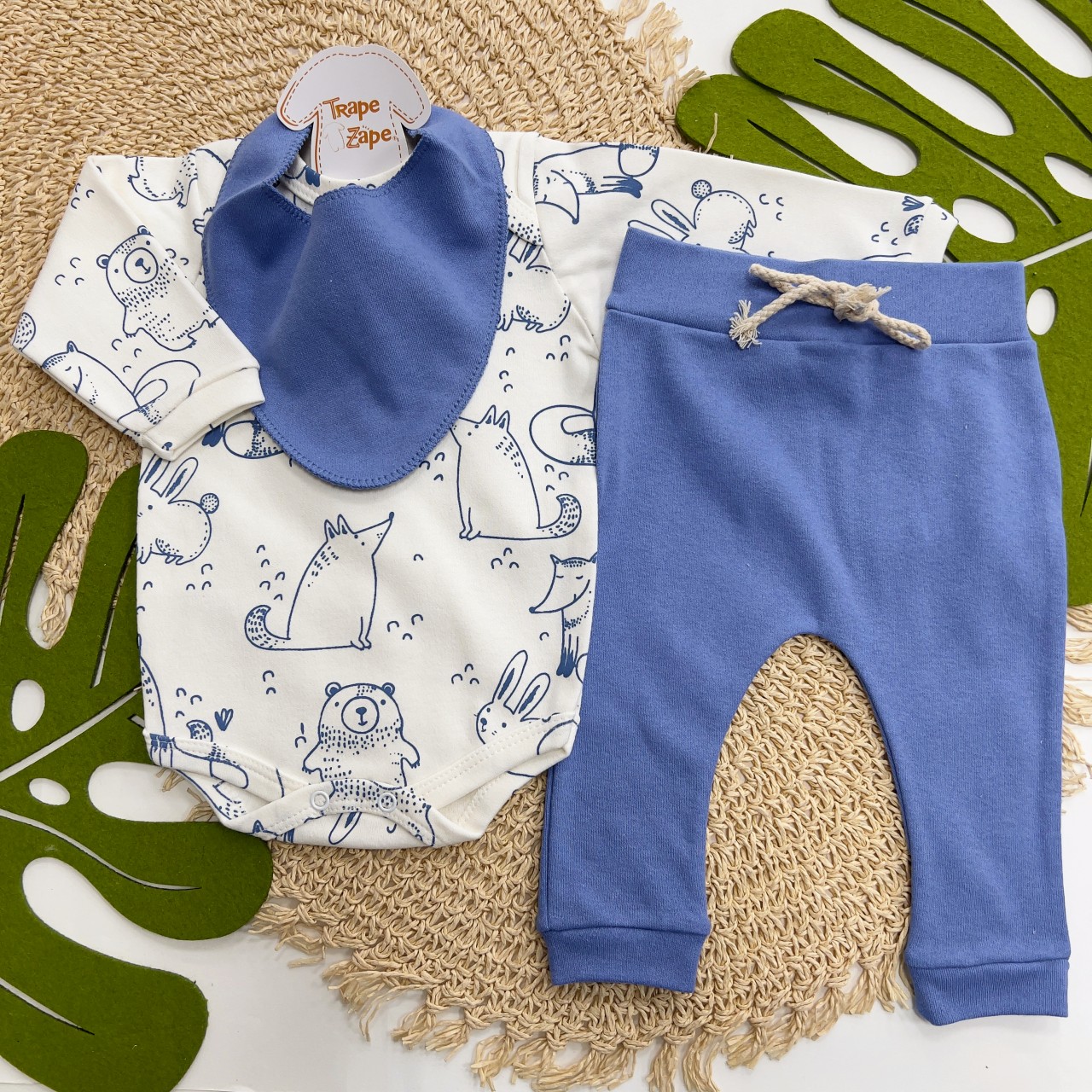 Conj. Body Manga Longa Animais da Floresta e Calça -  Azul Bic
